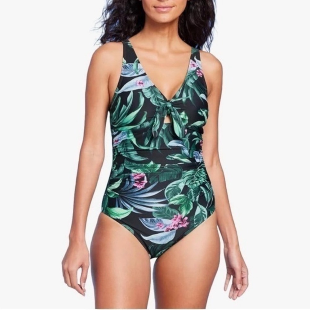Kona Sol Tropical Leaf Tie-Front One-Piece Swimsuit - Black / Green NWT L